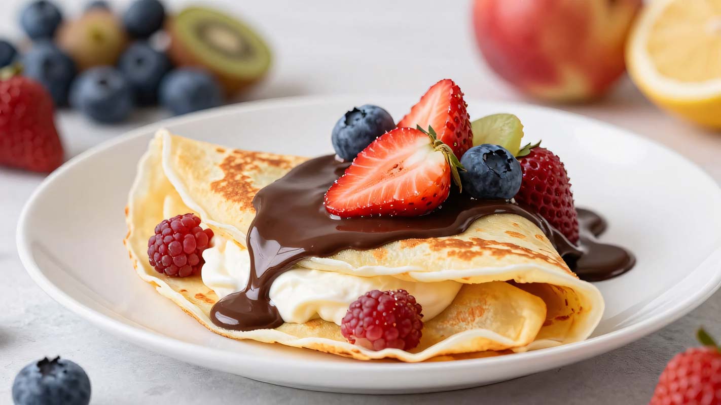 Ein gefalteter Crêpe, gefüllt mit Sahne, belegt mit Schokoladensauce, geschnittenen Erdbeeren, Heidelbeeren, Himbeeren und Weintrauben, serviert auf einem weißen Teller - perfekt für ein mobiles Crêpes-Catering bei Ihrer nächsten Veranstaltung. Verschiedene Früchte im Hintergrund runden den Genuss ab.