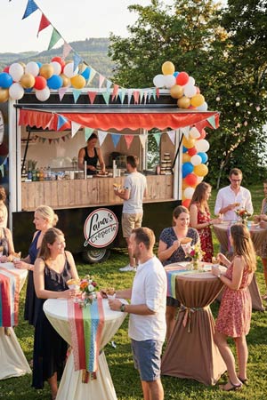 Eine Gruppe von Menschen sitzt an geschmückten Tischen im Freien und isst in der Nähe eines mobilen Foodtrucks, der mit bunten Luftballons und Wimpeln geschmückt ist. Es ist ein sonniger Tag, perfekt für Hochzeiten und Partys in dieser festlichen, fröhlichen Atmosphäre.