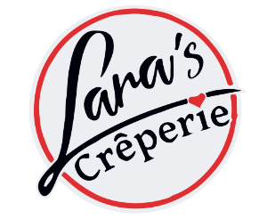 Logo für Lanas Crêperie mit rotem Kreis, schwarzem kursivem und fettem Text und einem kleinen roten Herz über dem Buchstaben i in Crêperie.